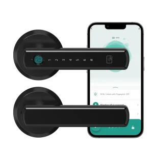 Viladepot Smart Lock is an electronic fingerprint door lock with multiple access methods including: Fingerprint unlocking, App remote control, Passcode/PIN entry, and Touchscreen keypad