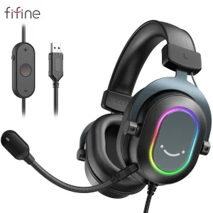Fifine Dynamic RGB Gaming Headset with Mic Over-Ear Headphones 7.1 Surround Sound PC PS4 PS5 3 EQ Options Game, Movie, and Music