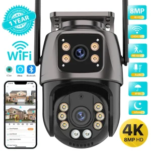 4K 8MP HD Wi-Fi PTZ Outdoor Camera – 4MP Dual-Lens with Dual-Screen Display, AI Auto-Tracking, Two-Way Audio, IP CCTV Surveillance, P2P Remote Access via iCSee App.