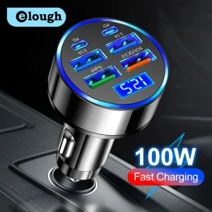 100W 6 Port Car Charger with Fast Charging USB Type C For iPhone and Samsung.